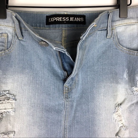 EXPRESS Jeans Mini Skirt Light Wash Distressed Denim Stretch Raw Hem Size 12 - Picture 2 of 8